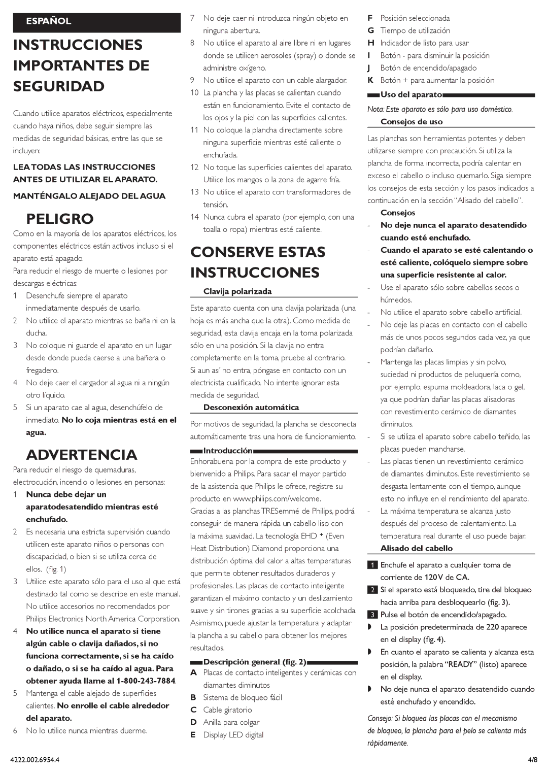 Philips HP4667/05 manual Instrucciones Importantes DE Seguridad, Peligro, Advertencia, Conserve Estas Instrucciones 