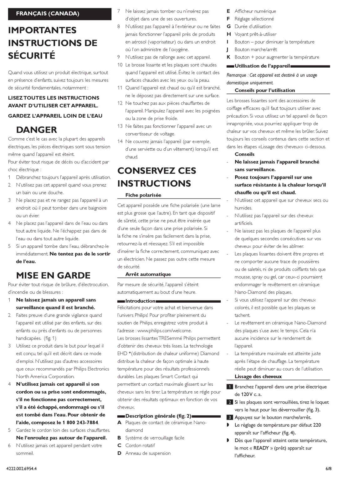 Philips HP4667/05 manual Importantes Instructions DE Sécurité, Mise EN Garde, Conservez CES Instructions 