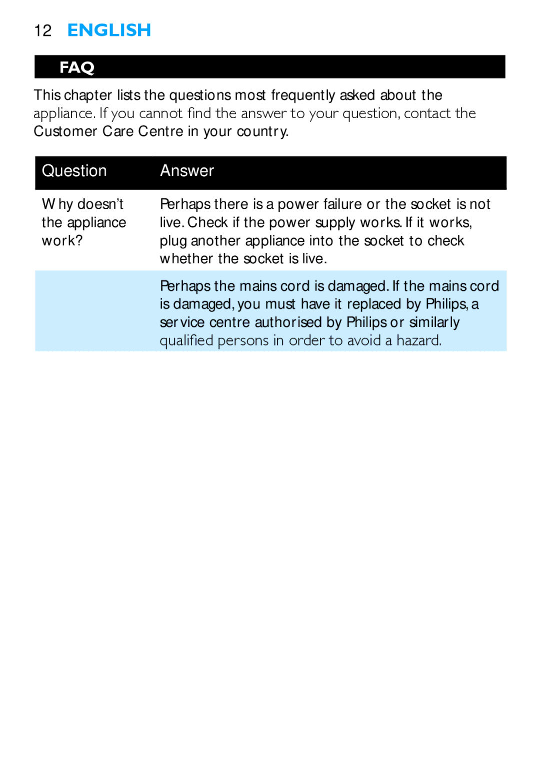 Philips HP4669 Why doesn’t, Appliance, Work?, Whether the socket is live, Qualified persons in order to avoid a hazard 