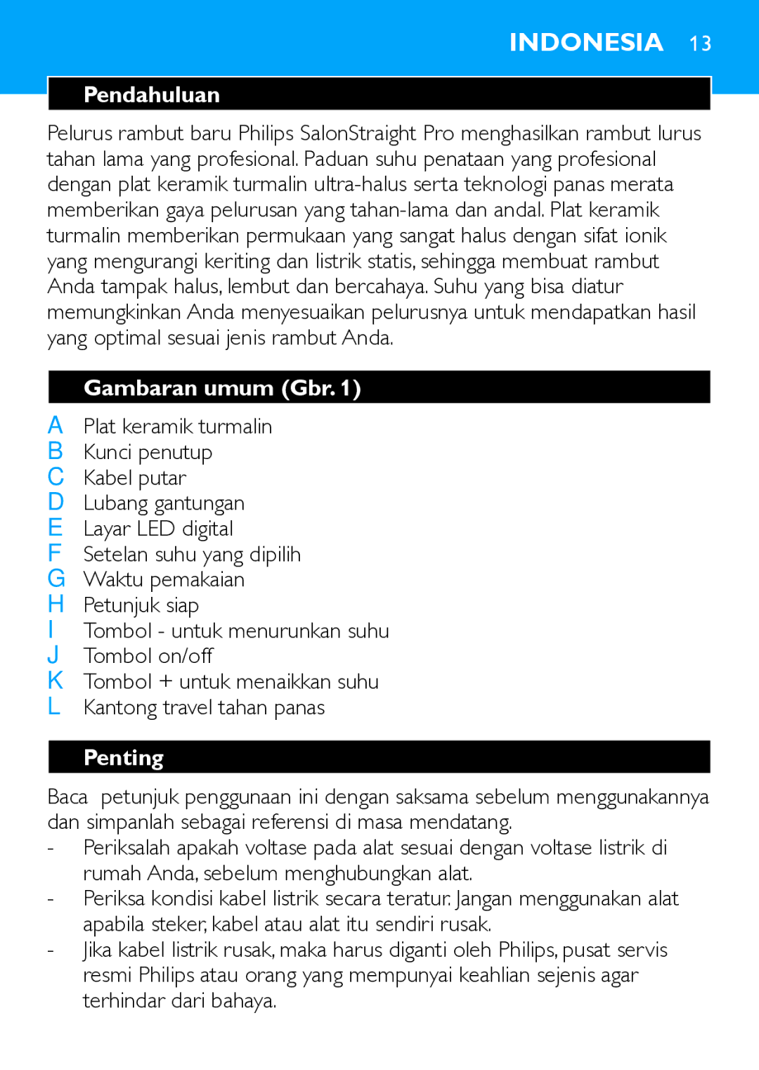 Philips HP4669 manual Pendahuluan, Gambaran umum Gbr, Penting 