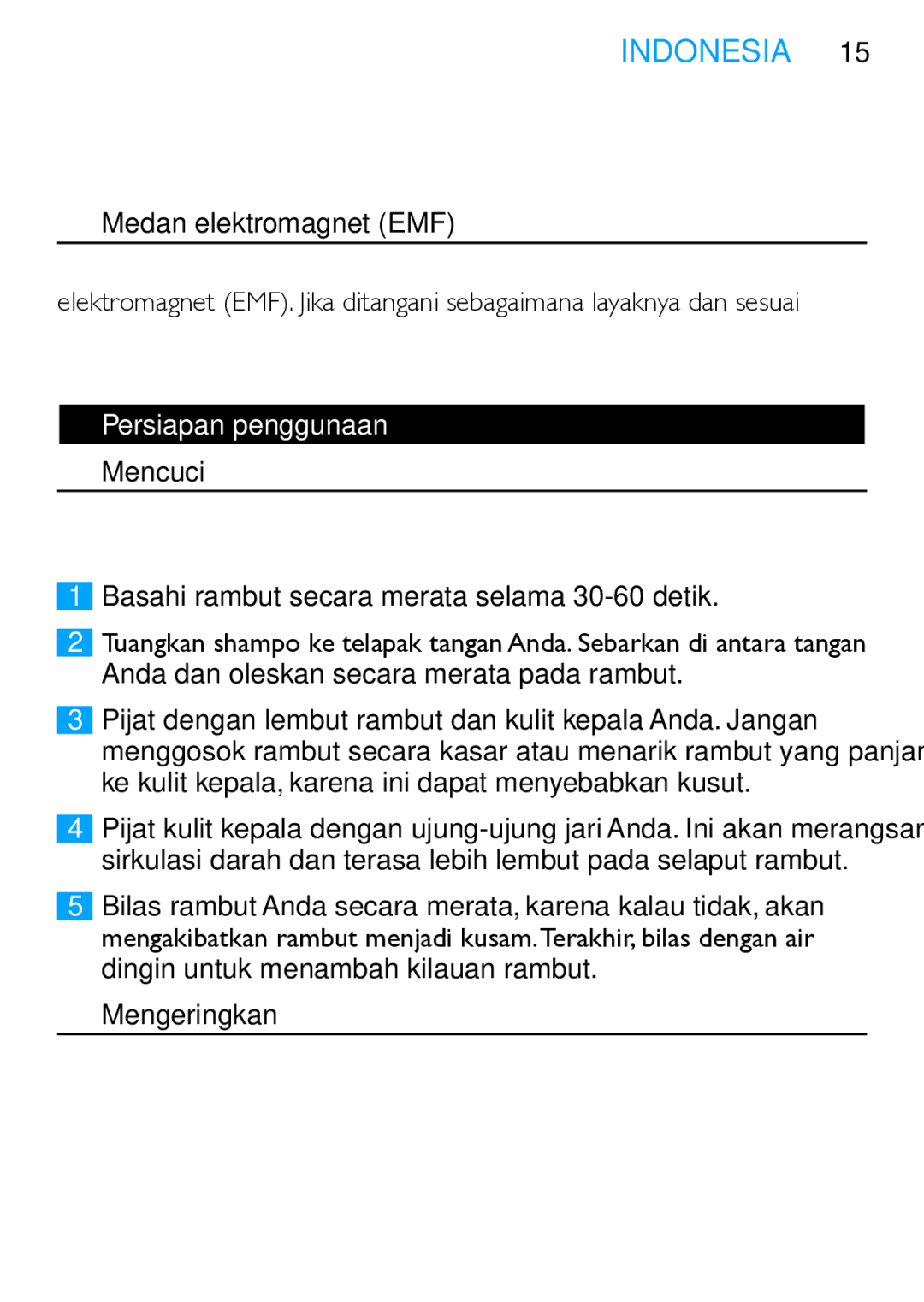 Philips HP4669 manual Medan elektromagnet EMF, Persiapan penggunaan, Mencuci, Mengeringkan 