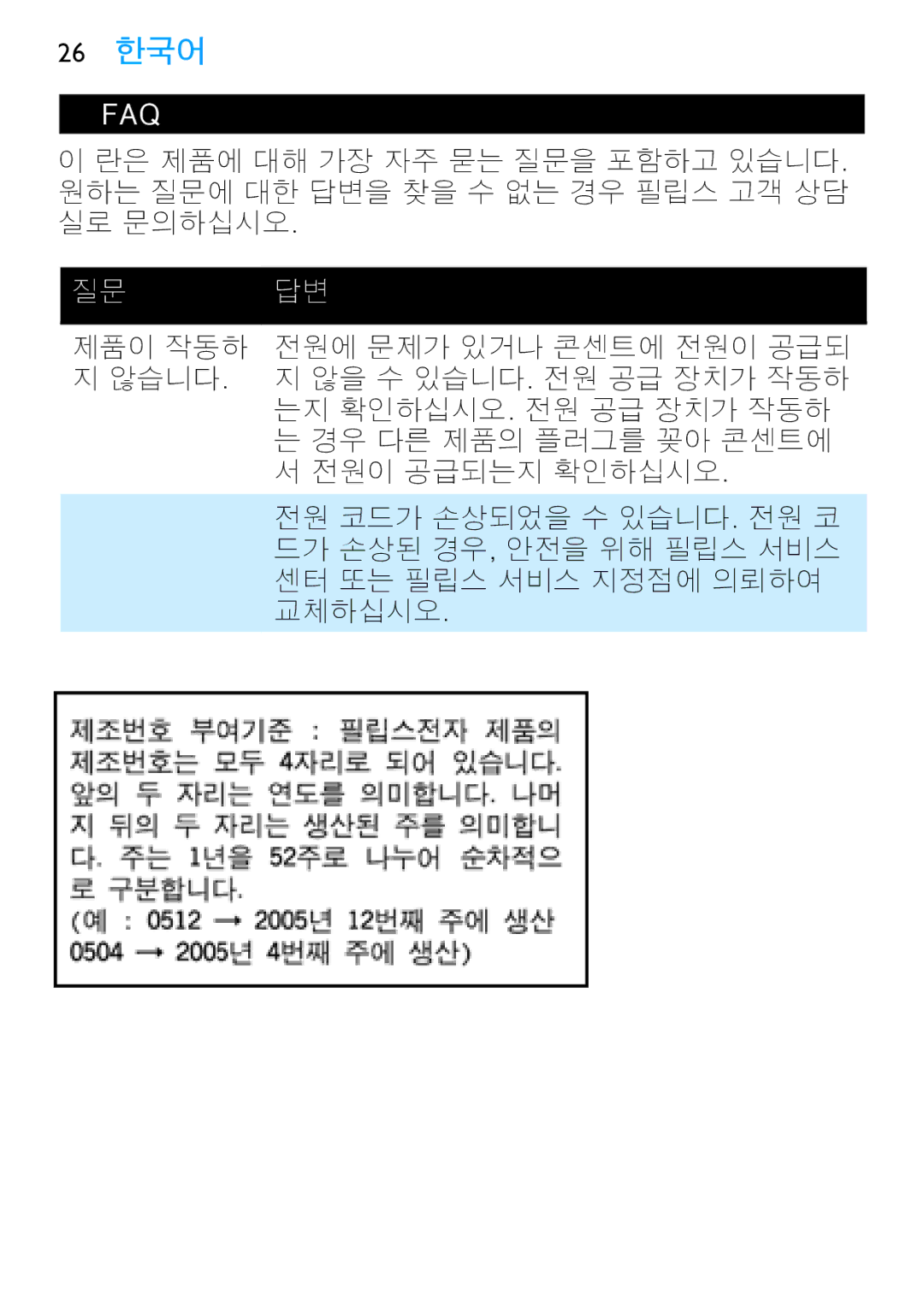 Philips HP4669 manual 26 한국어, 질문 답변 