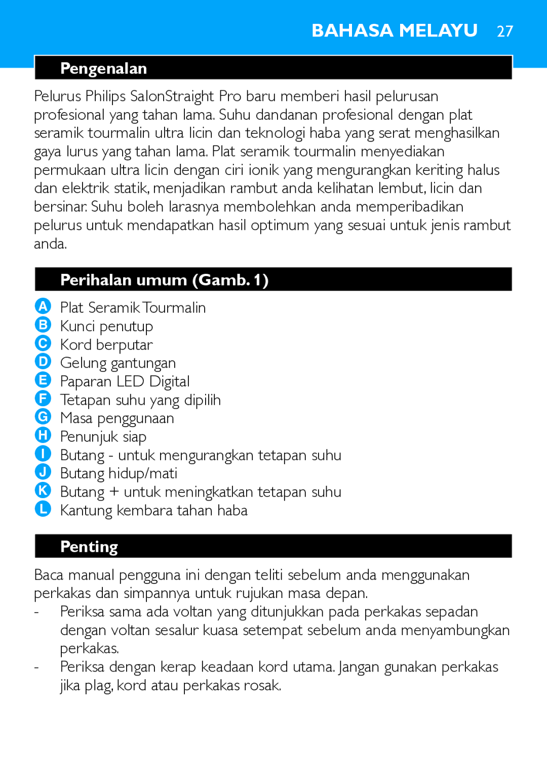 Philips HP4669 manual Pengenalan, Perihalan umum Gamb 