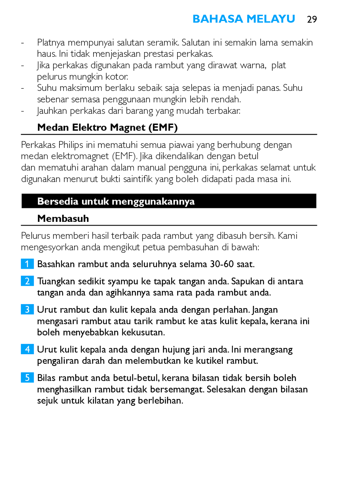 Philips HP4669 manual Medan Elektro Magnet EMF, Bersedia untuk menggunakannya, Membasuh 