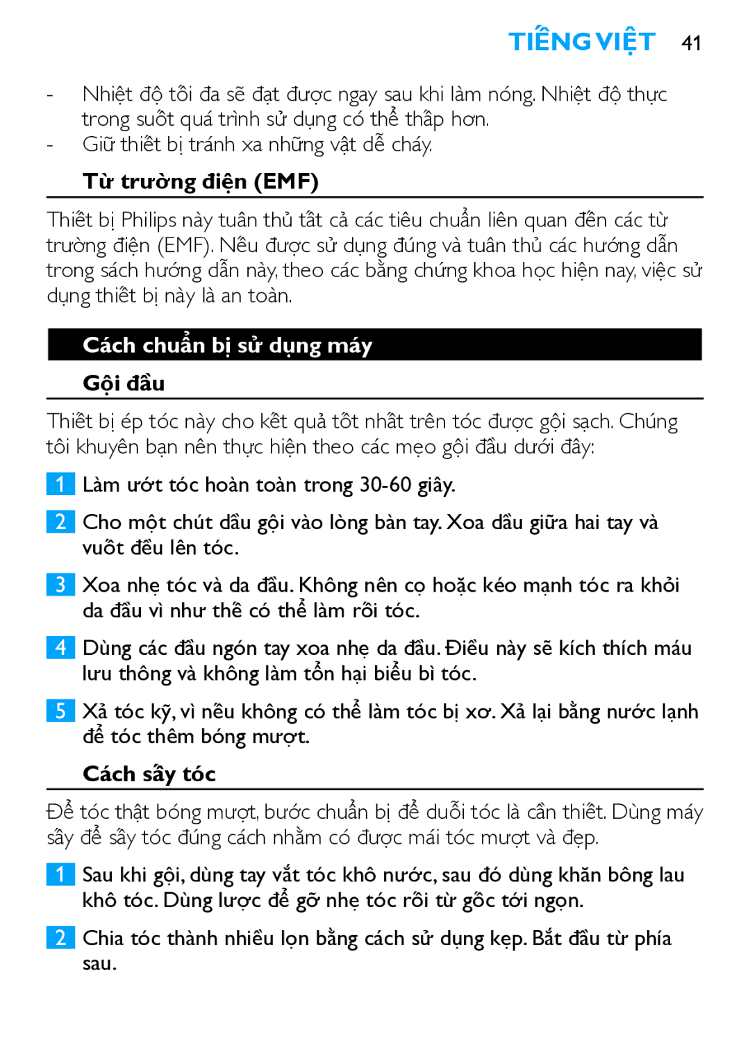 Philips HP4669 manual Tiếng Việt, Từ trường điệ̣n EMF, Cách chuẩn bị sử dụng máy, Gội đầu, Cách sấy tóc 