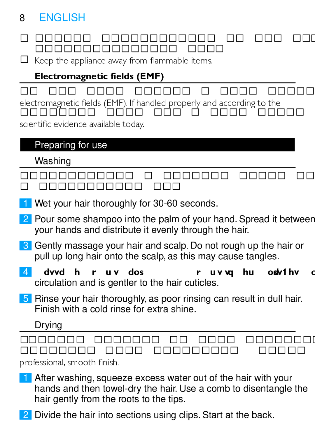 Philips HP4669 manual  English, Electromagnetic fields EMF, Preparing for use, Washing, Drying 