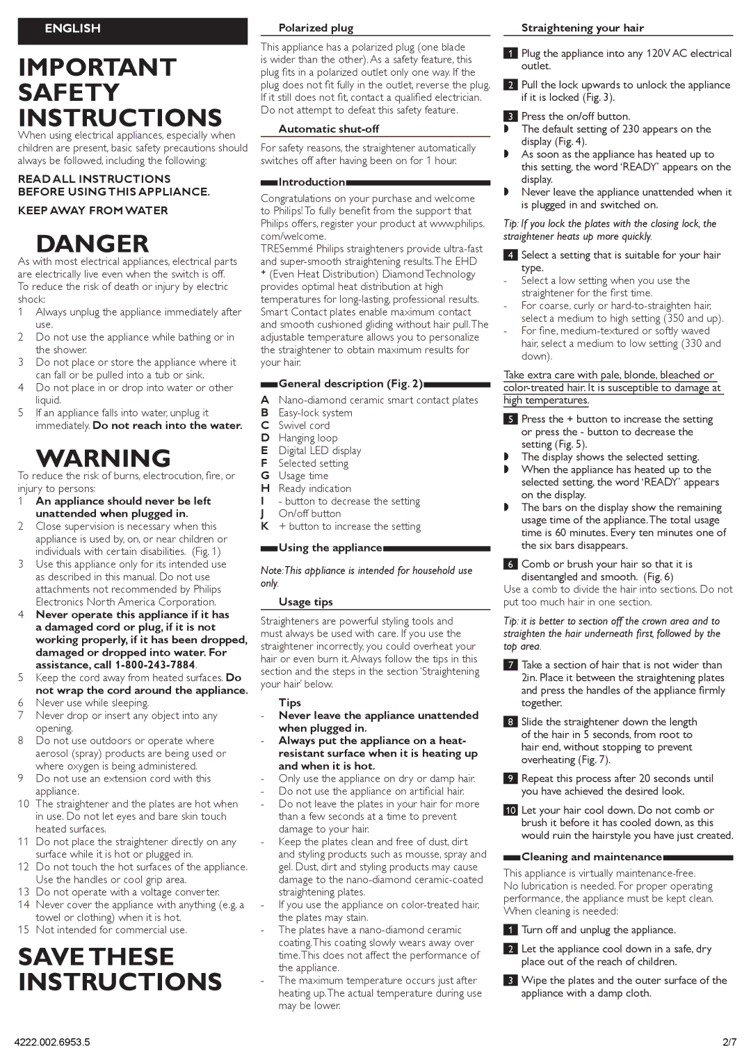 Philips HP4669/05 manual Important Safety Instructions 