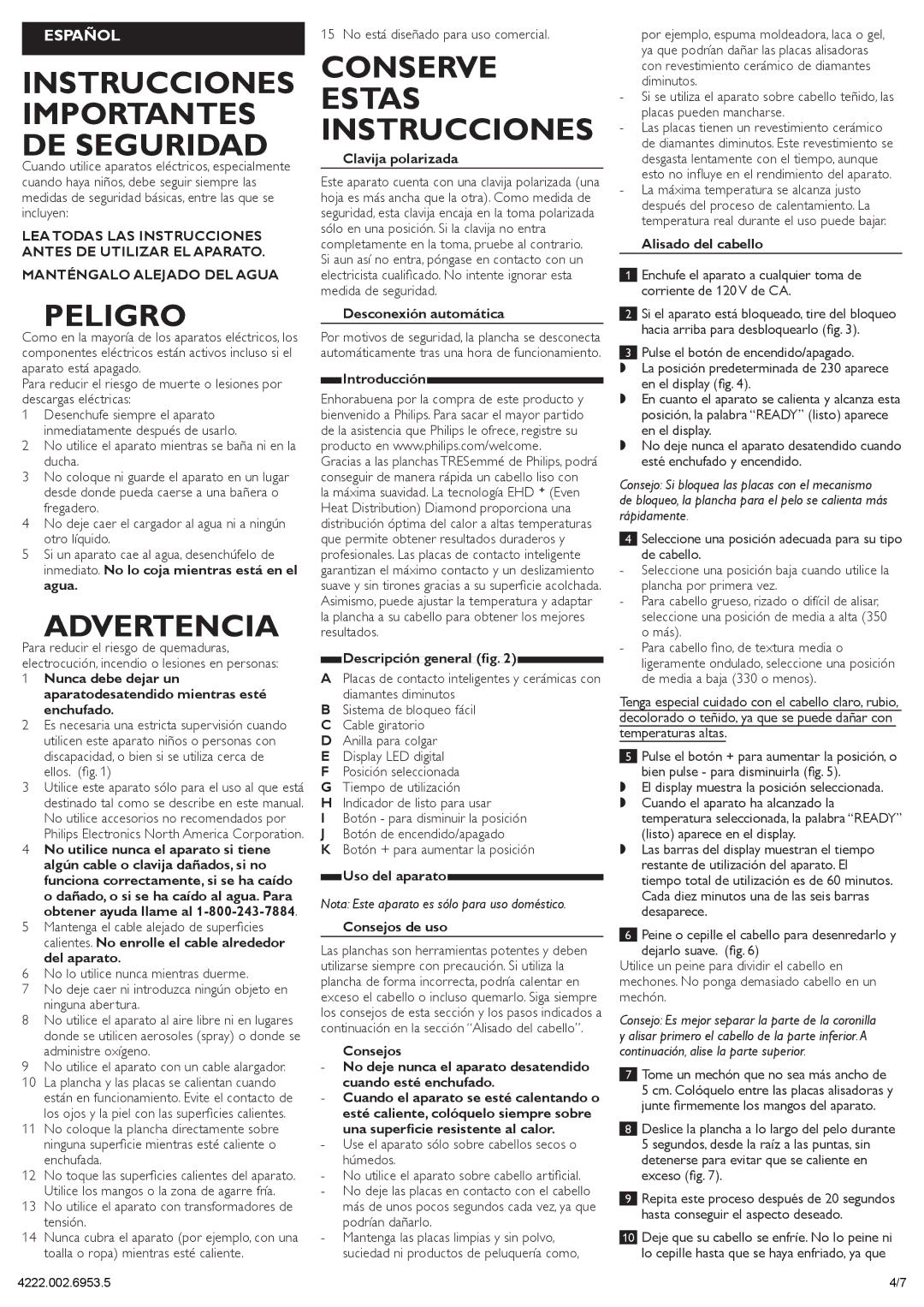 Philips HP4669/05 manual Instrucciones Importantes DE Seguridad, Peligro, Advertencia, Conserve Estas Instrucciones 