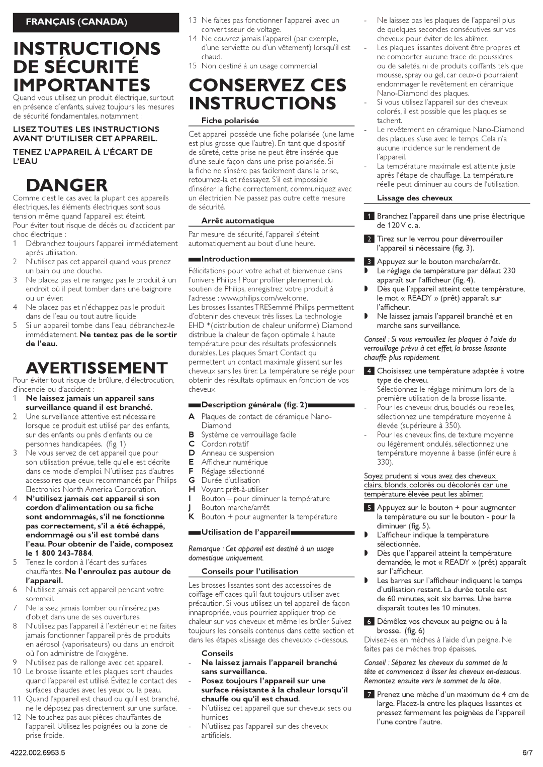 Philips HP4669/05 manual Instructions DE Sécurité Importantes, Conservez CES Instructions 