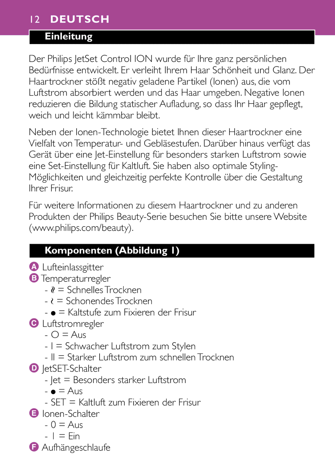 Philips HP4883, HP4882 manual Deutsch, Einleitung, Komponenten Abbildung, Lufteinlassgitter BTemperaturregler 