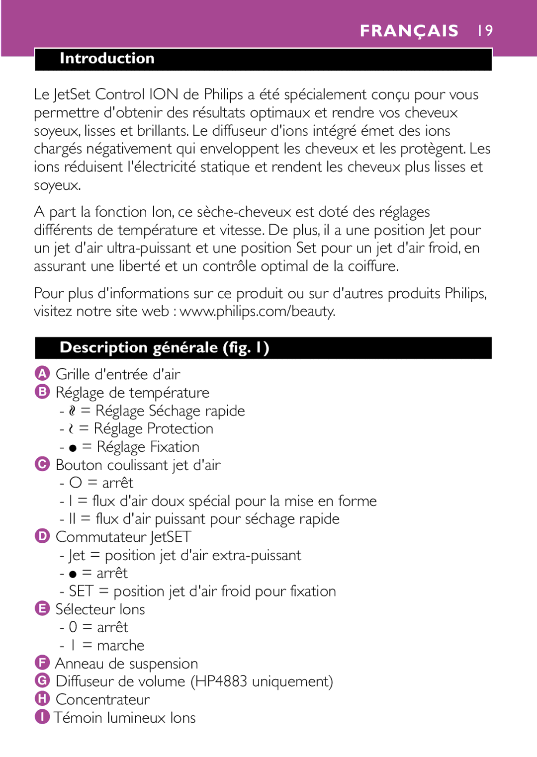 Philips HP4882, HP4883 manual Français, Description générale fig 