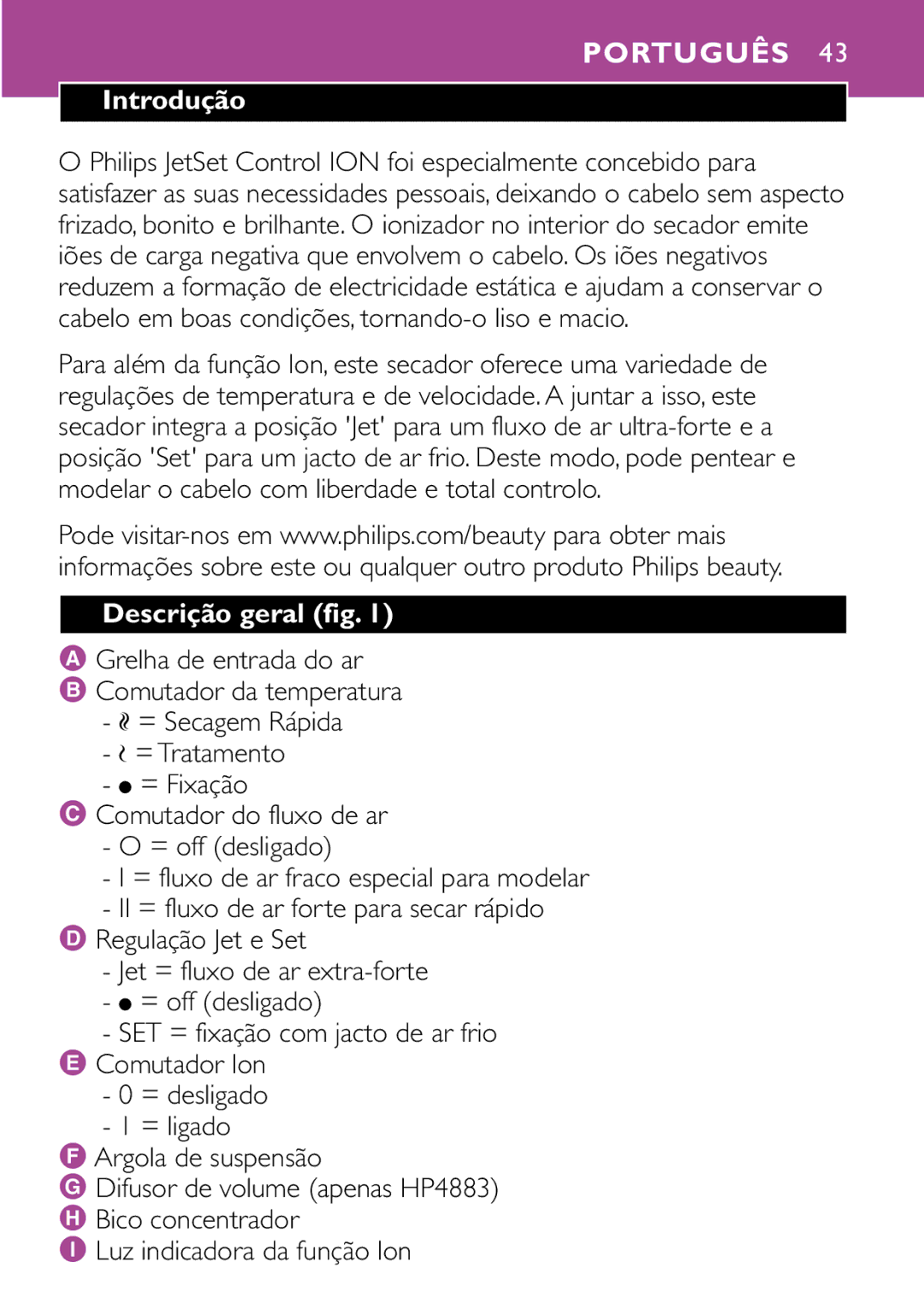 Philips HP4882, HP4883 manual Português, Introdução, Descrição geral fig, Grelha de entrada do ar B Comutador da temperatura 