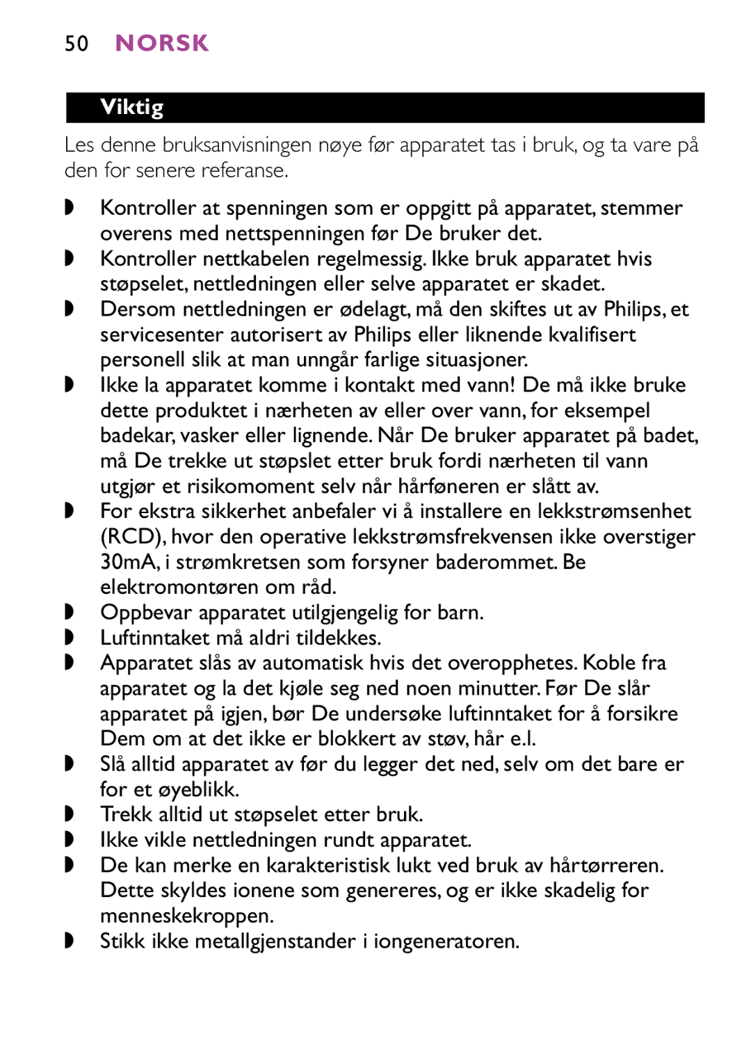 Philips HP4883, HP4882 manual Norsk, Viktig 