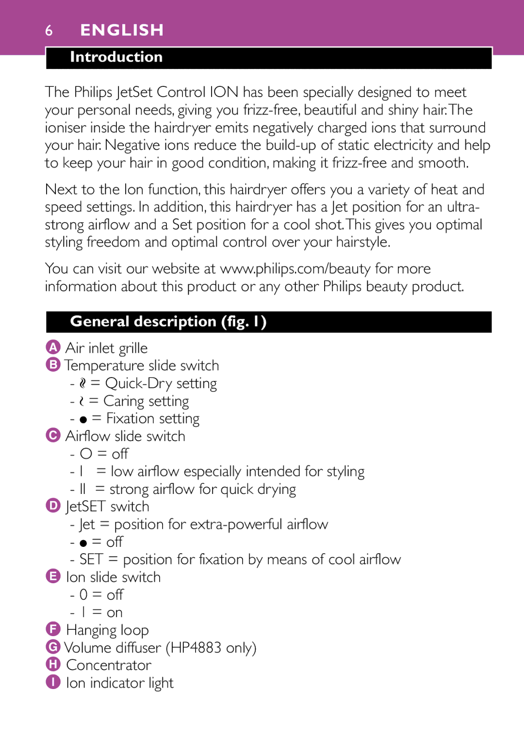 Philips HP4883, HP4882 manual English, Introduction, General description fig, = Fixation setting C Airflow slide switch 