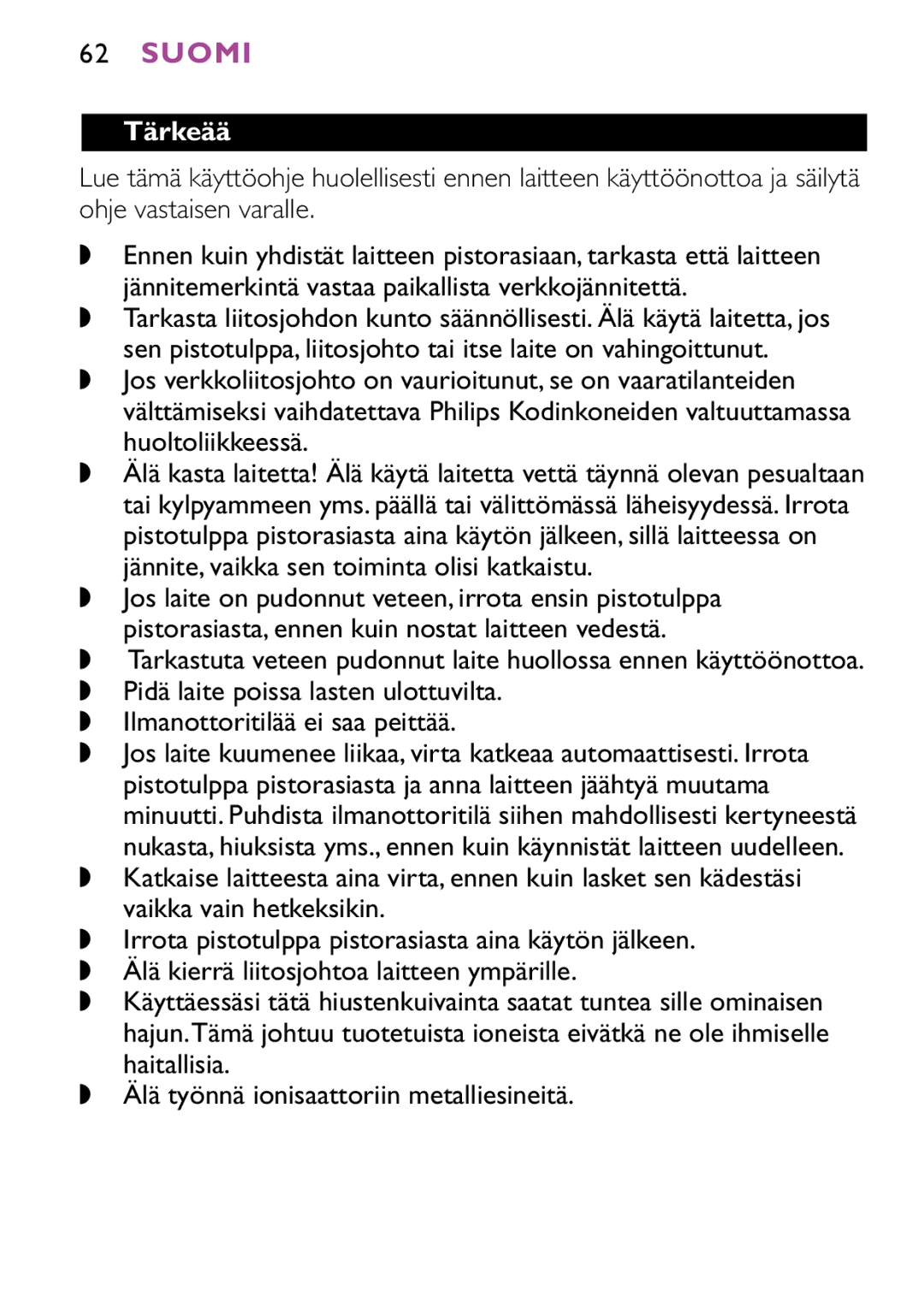 Philips HP4883, HP4882 manual Suomi, Tärkeää 