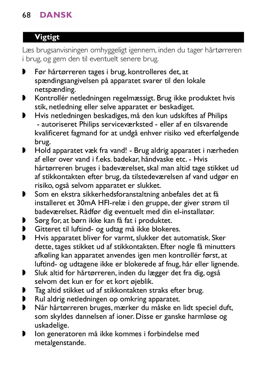 Philips HP4883, HP4882 manual Dansk, Vigtigt 