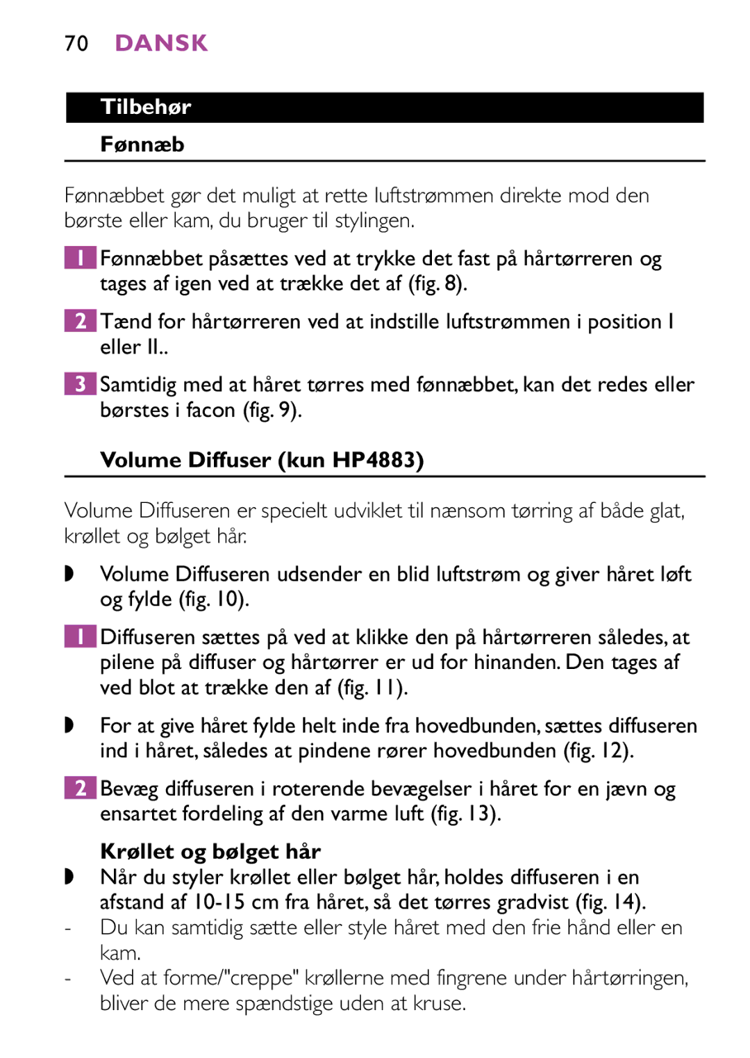 Philips HP4882 manual Fønnæb, Volume Diffuser kun HP4883, Krøllet og bølget hår 