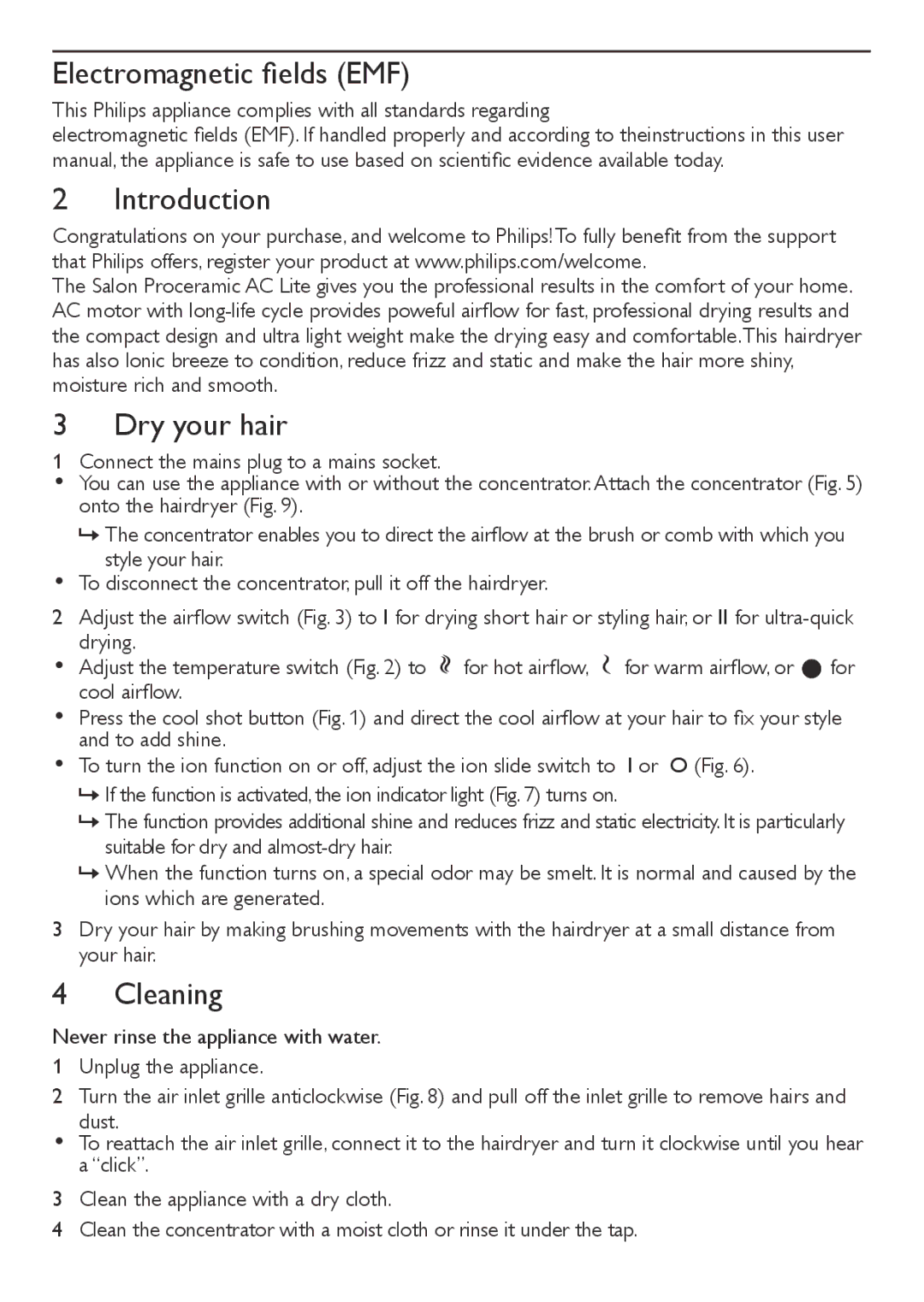 Philips HP4997 user manual Electromagnetic fields EMF, Introduction, Dry your hair, Cleaning 