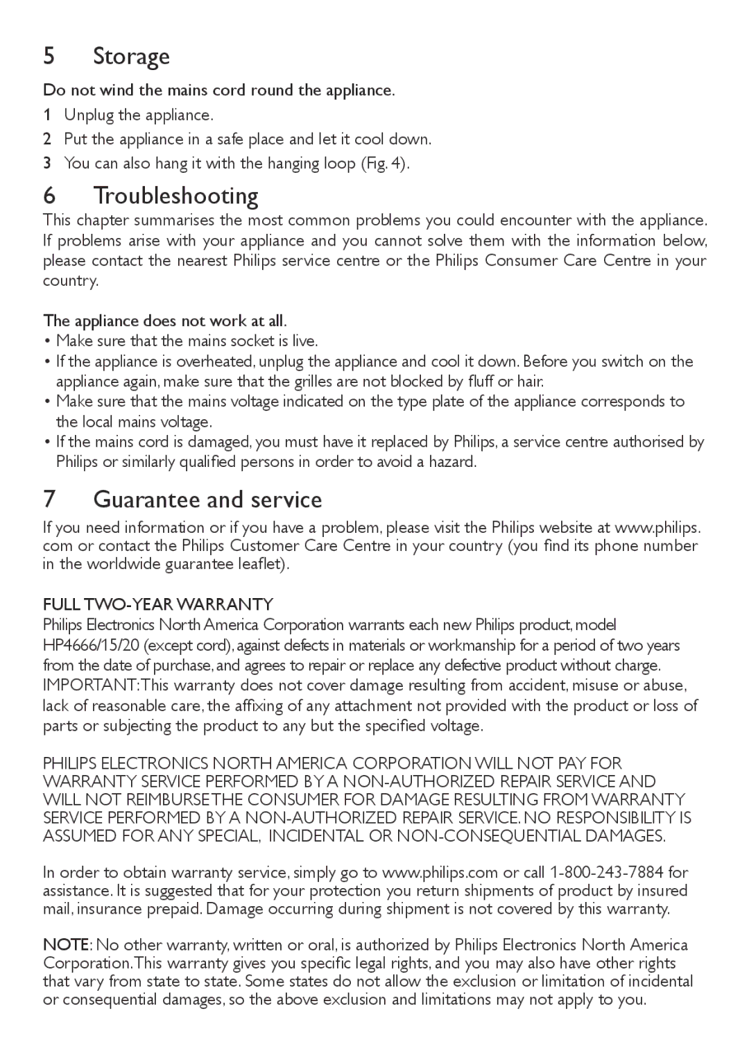 Philips HP4997 user manual Storage, Troubleshooting, Guarantee and service 