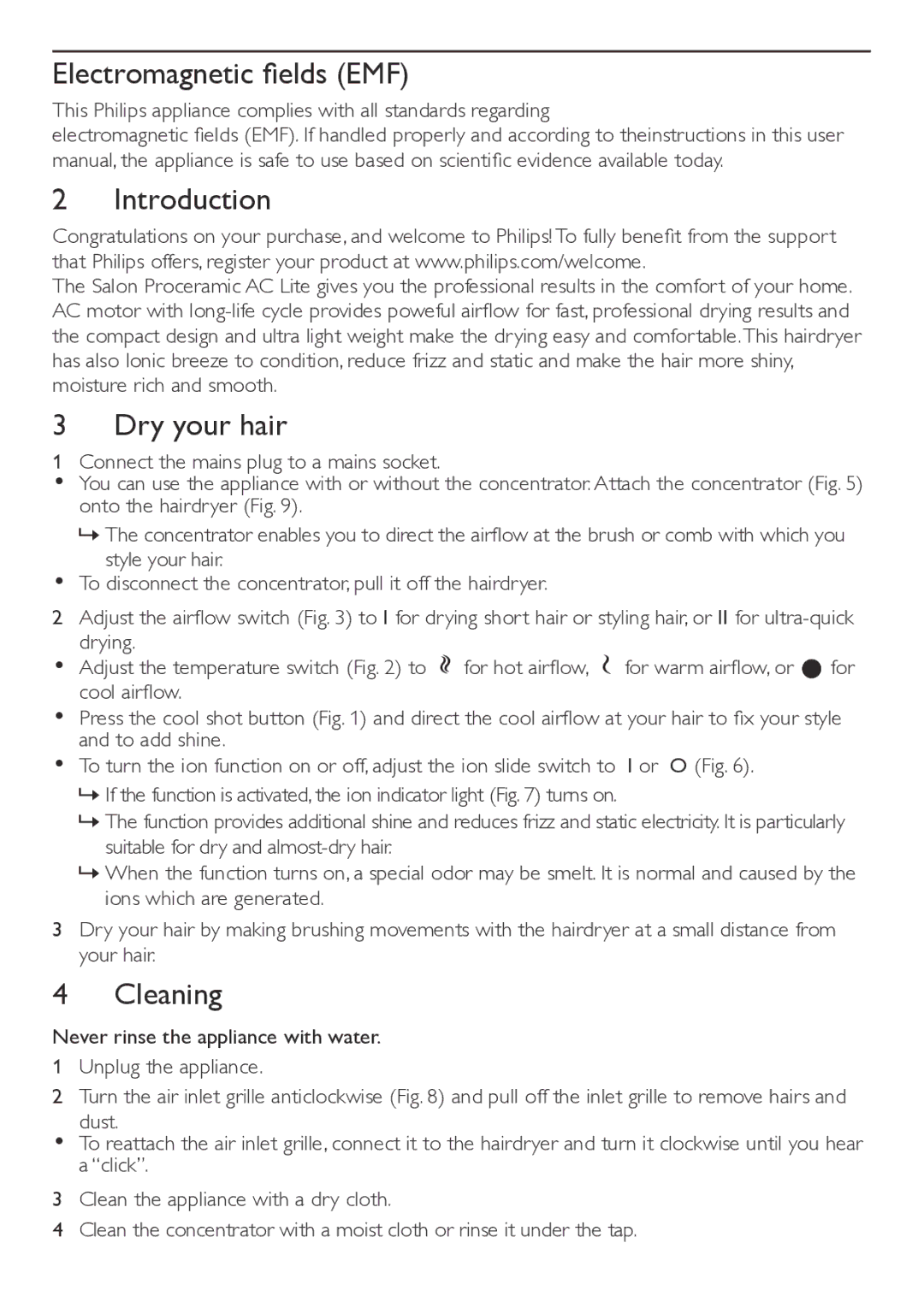 Philips HP4997/15 user manual Electromagnetic fields EMF, Introduction, Dry your hair, Cleaning 