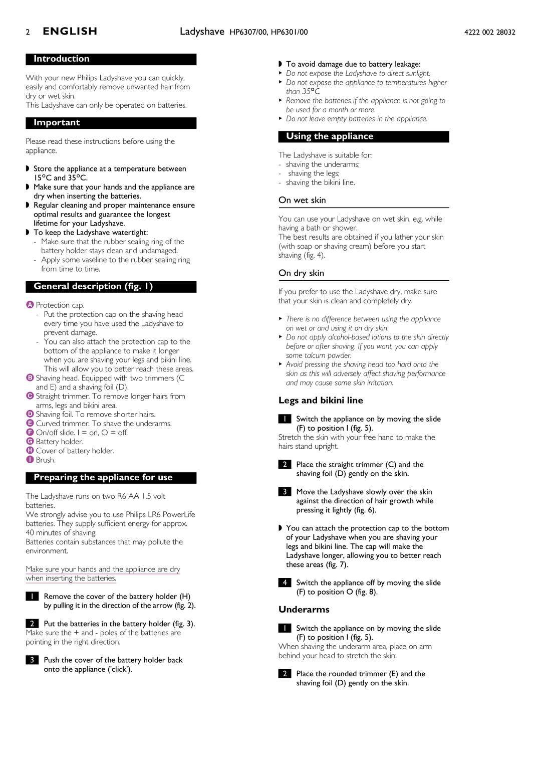 Philips HP6301/00 English, Introduction, General description fig, Preparing the appliance for use, Using the appliance 