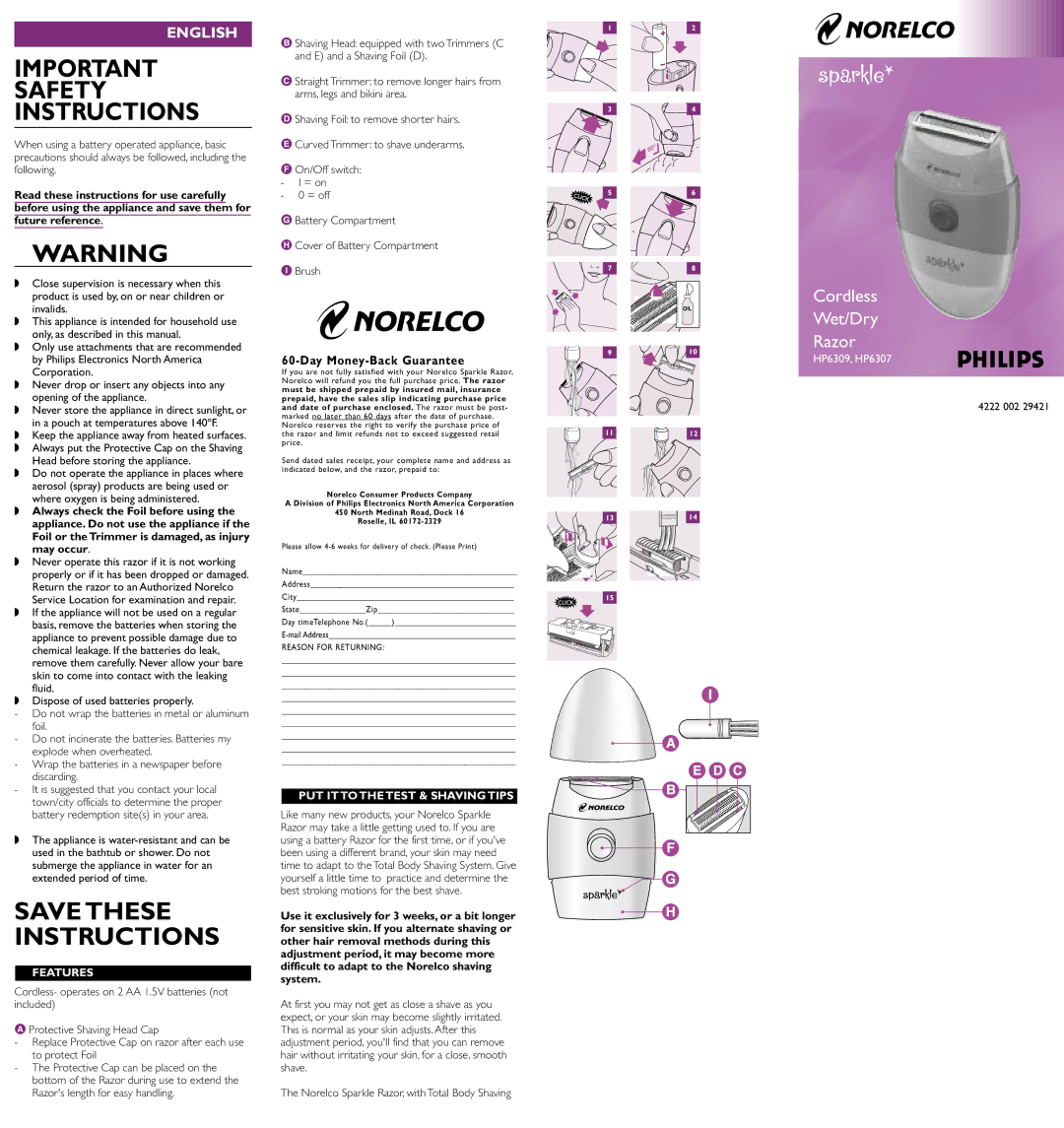 Philips HP6309 important safety instructions Features, PUT IT to the Test & Shaving Tips 