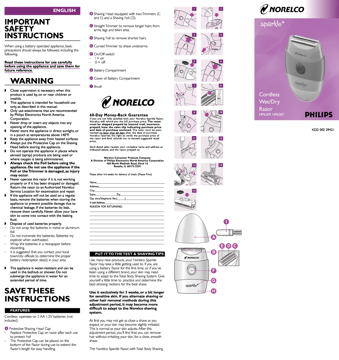 Philips HP6309 important safety instructions Features, Put It To The Test & Shaving Tips, Safety Instructions, English 