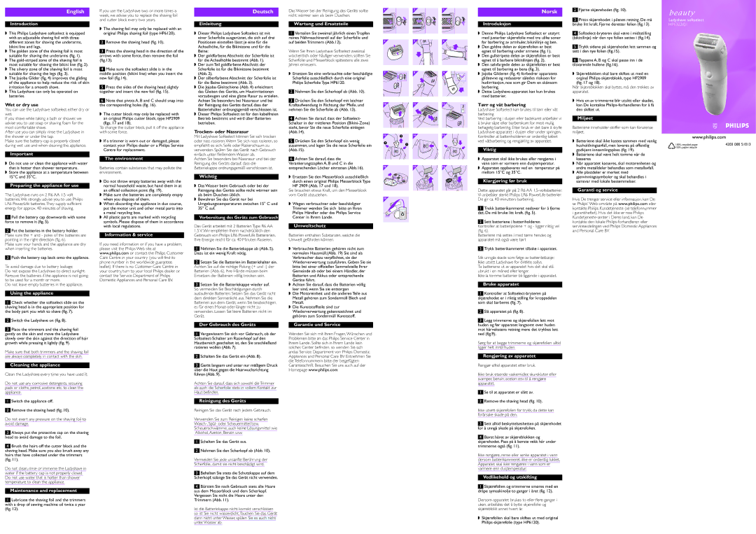 Philips HP632201 manual Introduction, Einleitung, Wartung und Ersatzteile, Introduksjon, Preparing the appliance for use 