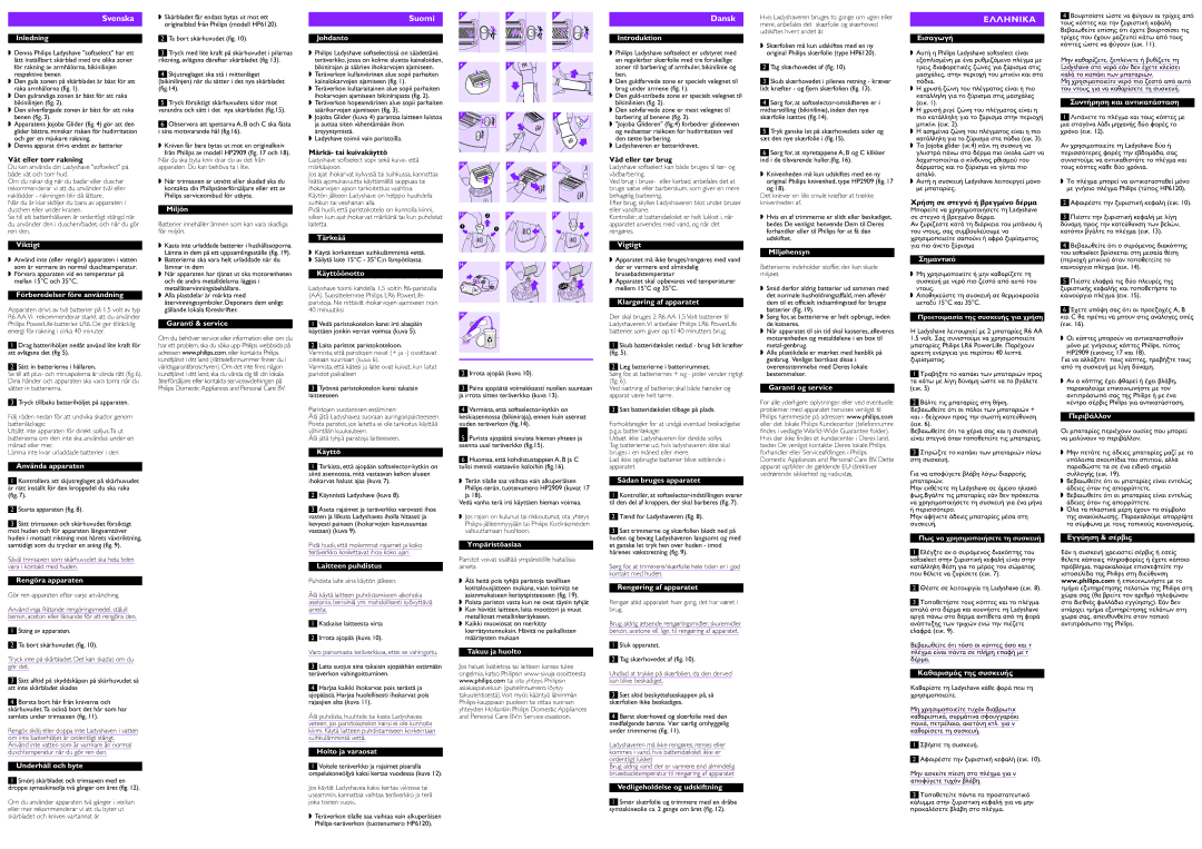 Philips HP632201 Inledning, Viktigt, Förberedelser före användning, Miljön, Tärkeää, Käyttöönotto, Introduktion, Vigtigt 
