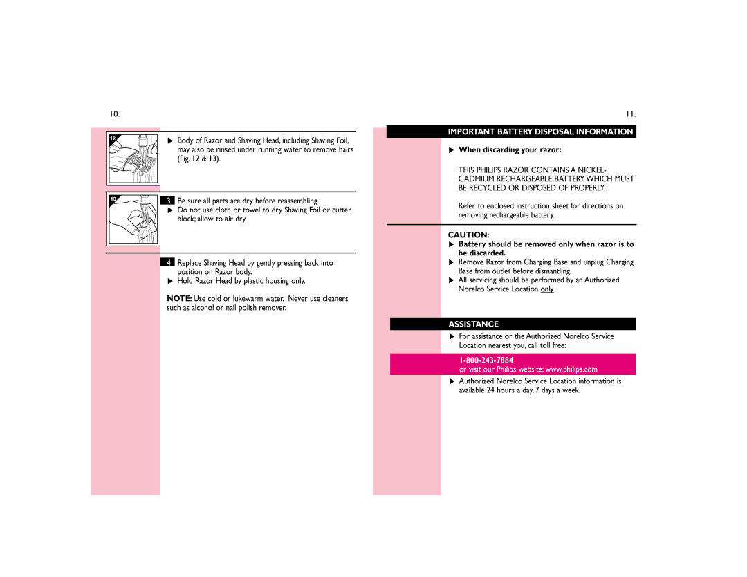 Philips HP6326PB manual Important Battery Disposal Information, Assistance 