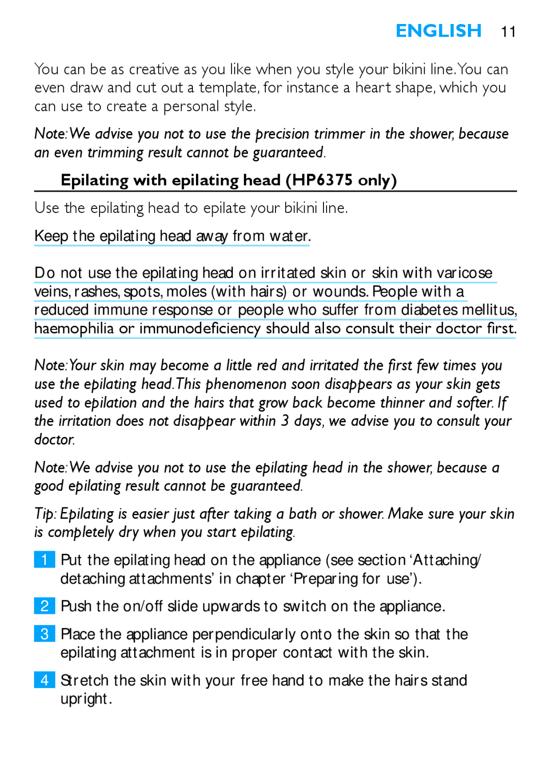Philips HP6373, HP6371 manual Epilating with epilating head HP6375 only 