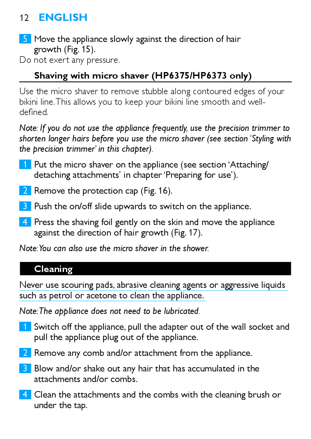 Philips HP6371 manual Shaving with micro shaver HP6375/HP6373 only, Cleaning 