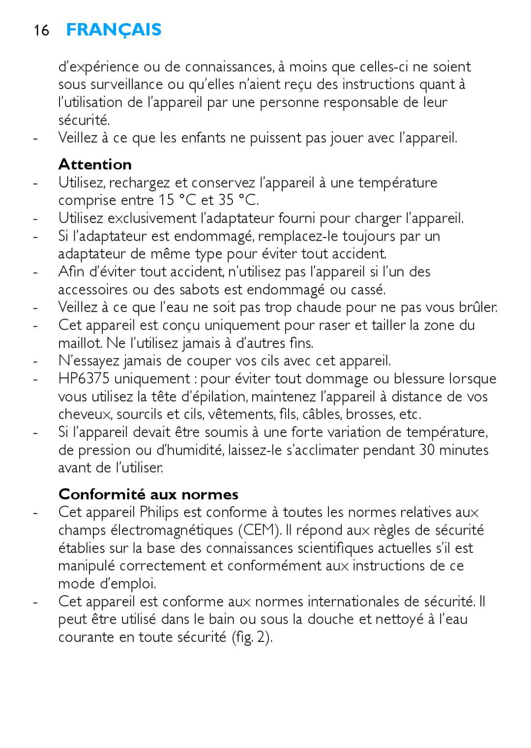 Philips HP6371, HP6373 manual Français, Conformité aux normes 