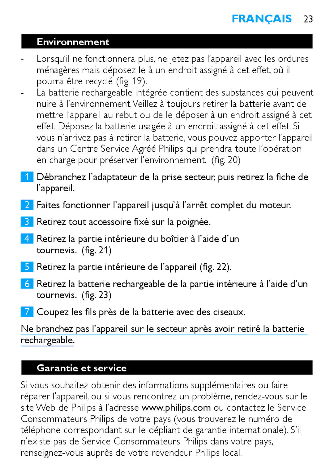 Philips HP6373, HP6371 manual Environnement, Garantie et service 