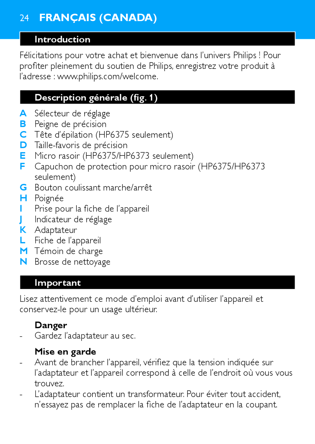 Philips HP6371, HP6373 manual Français Canada, Mise en garde 