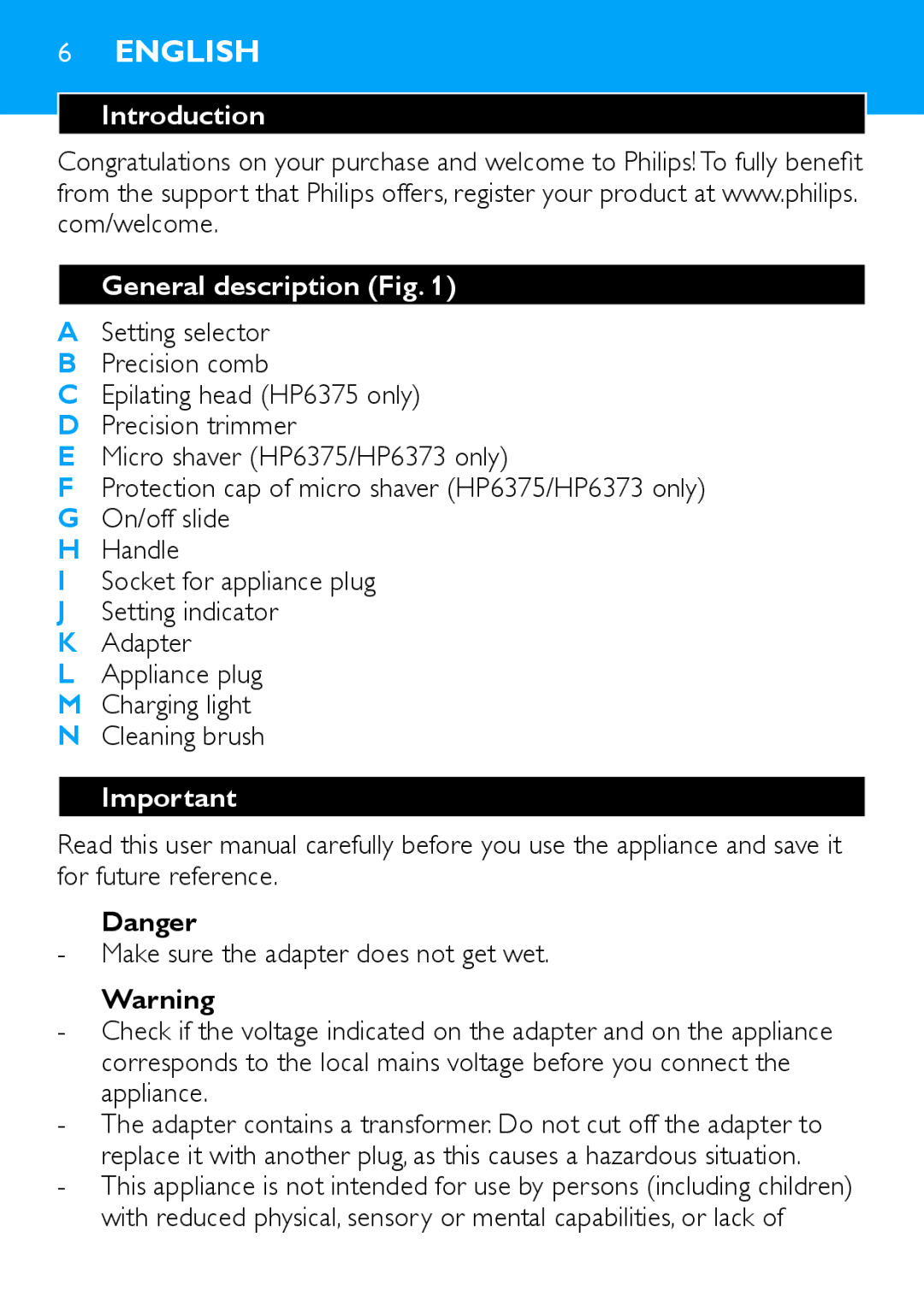 Philips HP6371, HP6373 manual English, Introduction General description Fig 