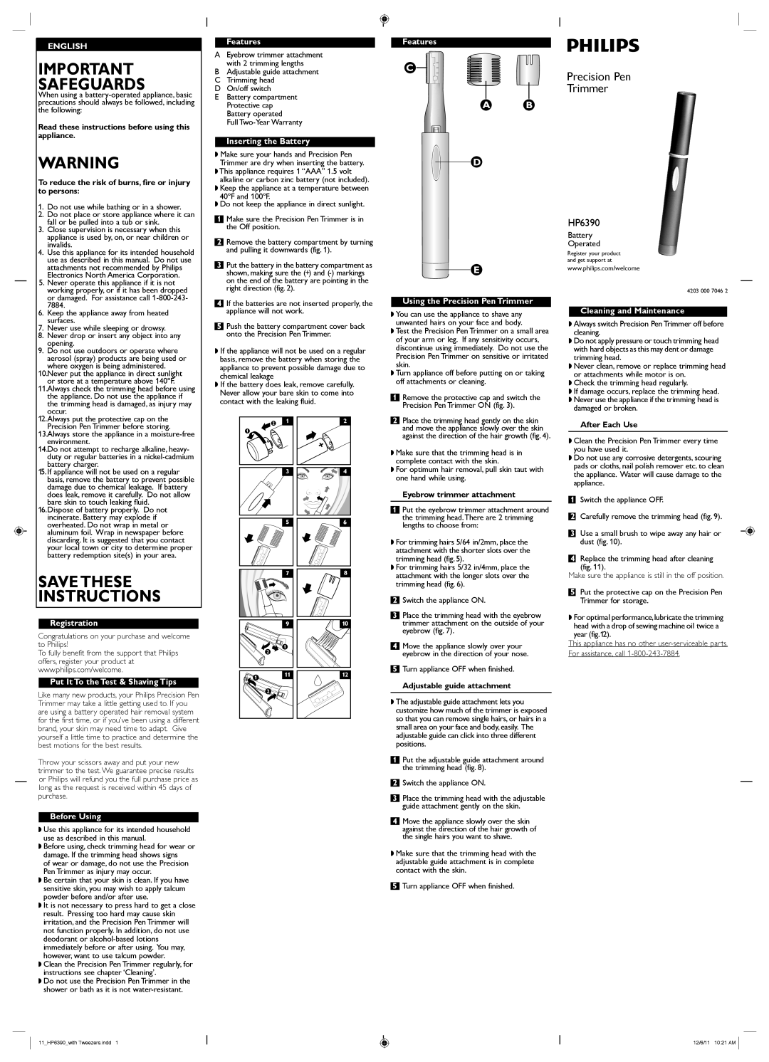 Philips HP6390 warranty Inserting the Battery, Features Using the Precision Pen Trimmer, Cleaning and Maintenance 