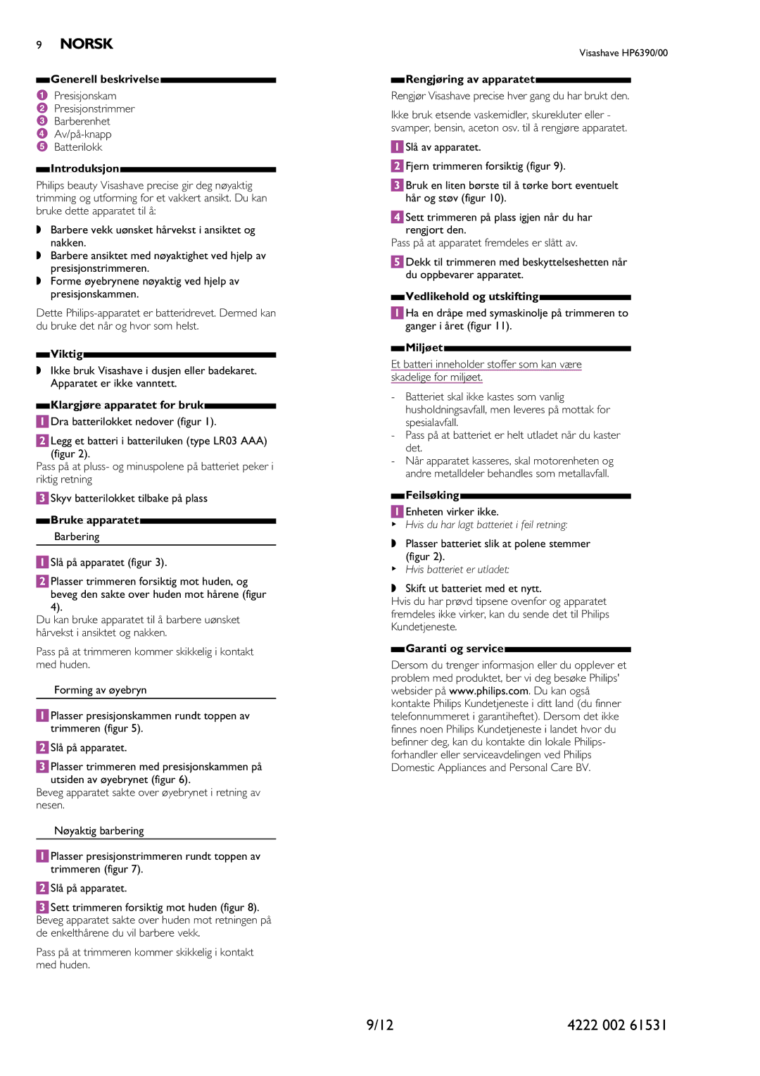 Philips HP6390 manual Norsk 