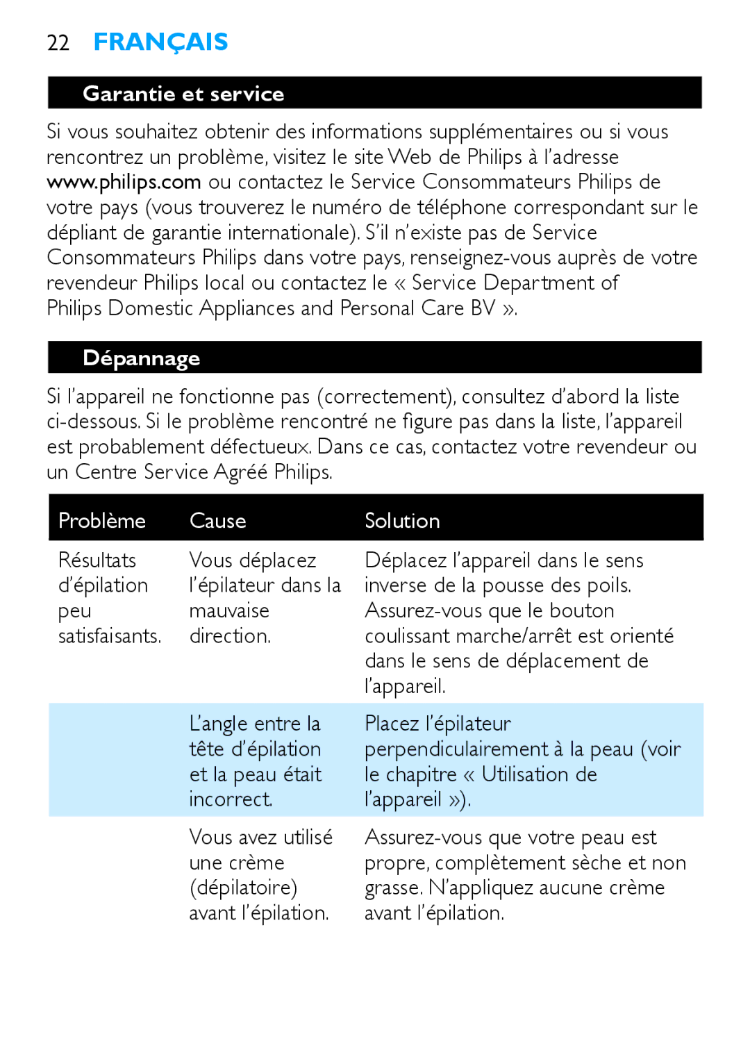 Philips HP6409 manual Garantie et service Dépannage, Problème Cause Solution 