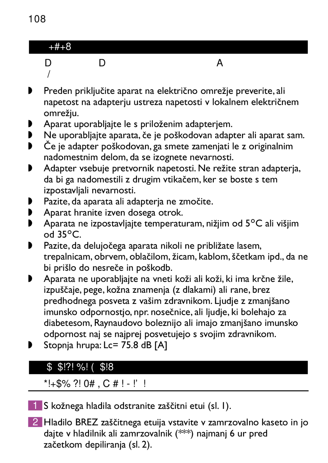 Philips HP6473 manual Slovenščina, Pomembno, Stopnja hrupa Lc= 75.8 dB a, Priprava za uporabo, Zamrzovanje kožnega hladila 