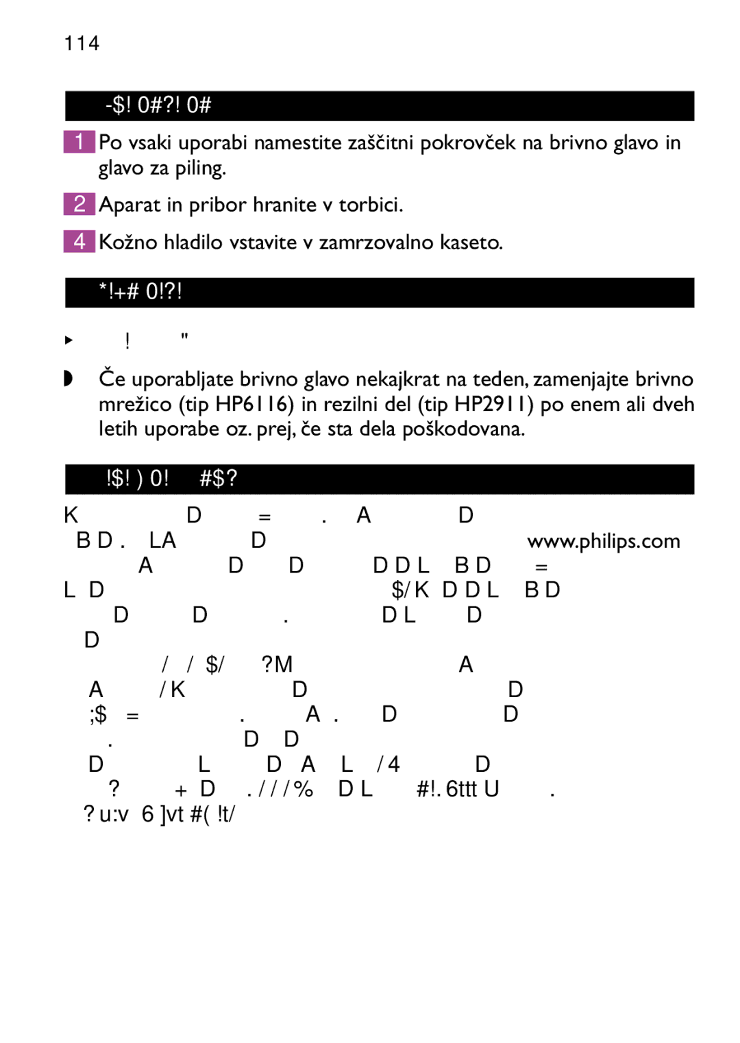 Philips HP6473 manual Shranjevanje, Zamenjava, Le pri modelih HP6479 in HP6475, Garancija in servis, Tel +386 1 280 95 