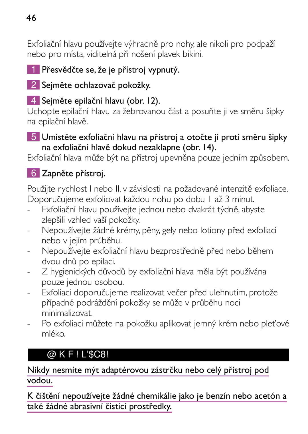 Philips HP6473 manual 46 Česky, Na exfoliační hlavě dokud nezaklapne obr, Zapněte přístroj, Čištění a údržba 