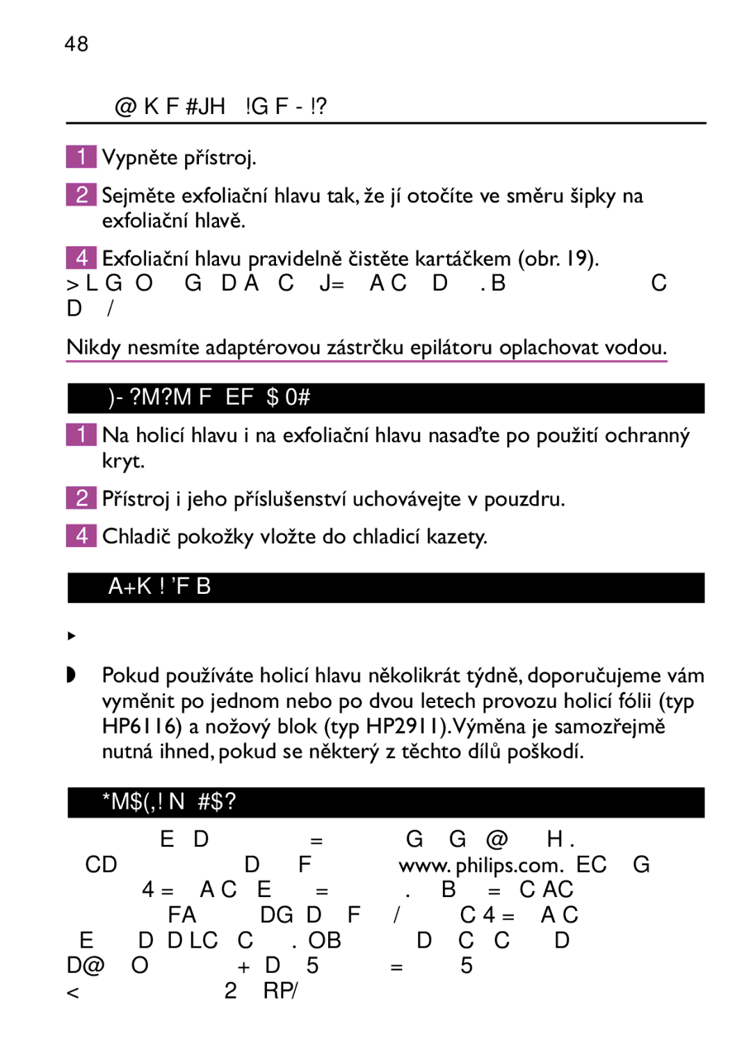 Philips HP6473 manual 48 Česky, Čištění exfoliační hlavy, Uchovávání přístroje, Výměna dílů, Záruka & servis 