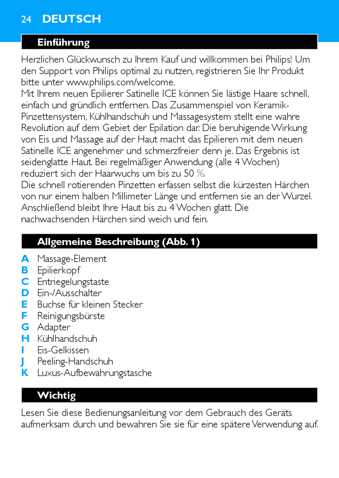 Philips HP6481 manual Deutsch, Einführung, Allgemeine Beschreibung Abb, Wichtig 