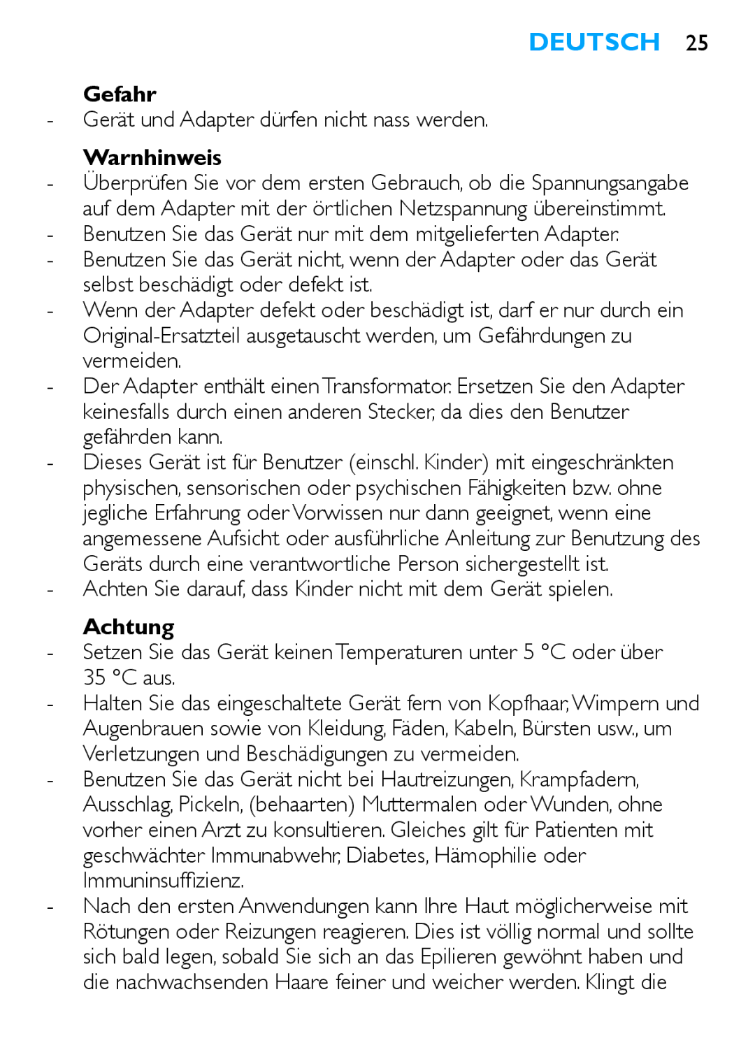 Philips HP6481 manual Deutsch, Gefahr, Warnhinweis, Achtung 