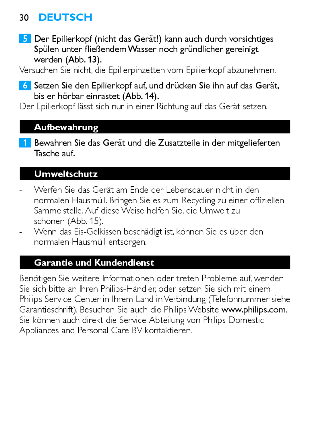 Philips HP6481 manual Aufbewahrung, Umweltschutz, Garantie und Kundendienst 