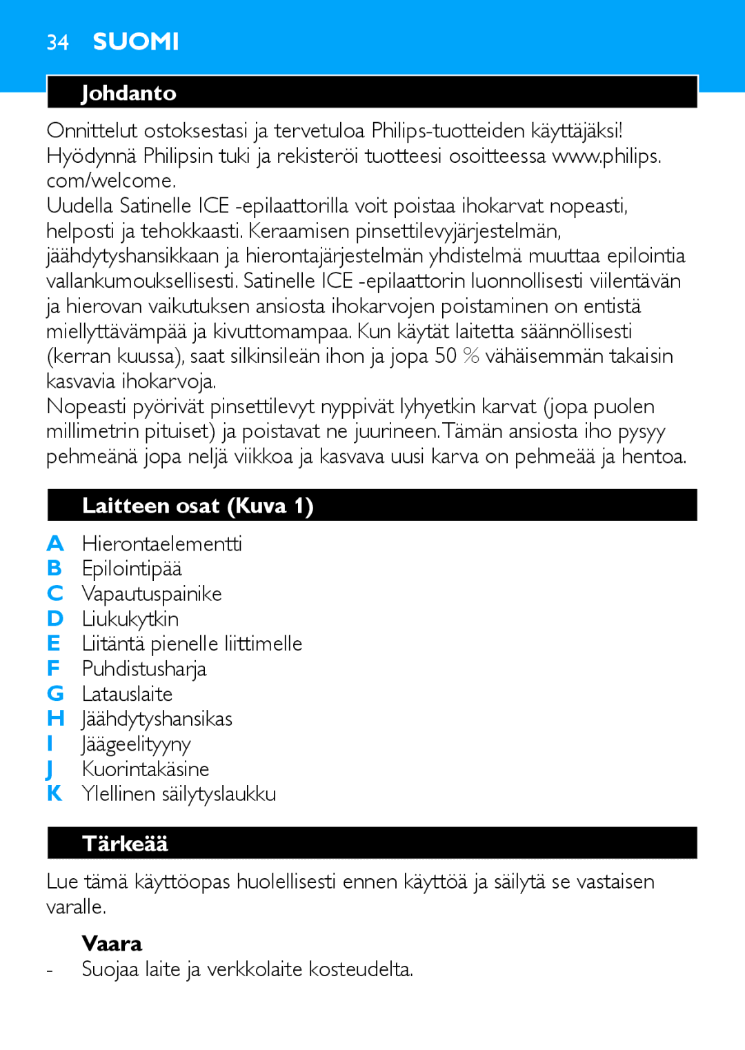 Philips HP6481 manual Suomi, Johdanto, Laitteen osat Kuva, Tärkeää, Vaara 