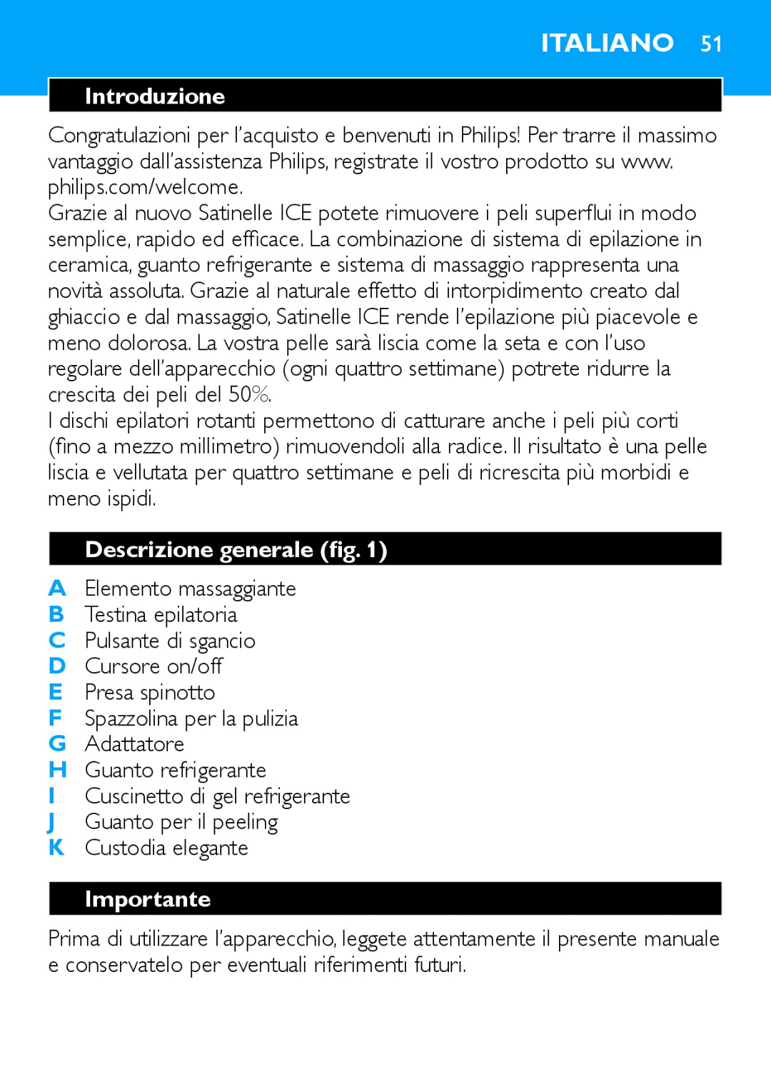 Philips HP6481 manual Italiano, Introduzione, Descrizione generale fig, Importante 