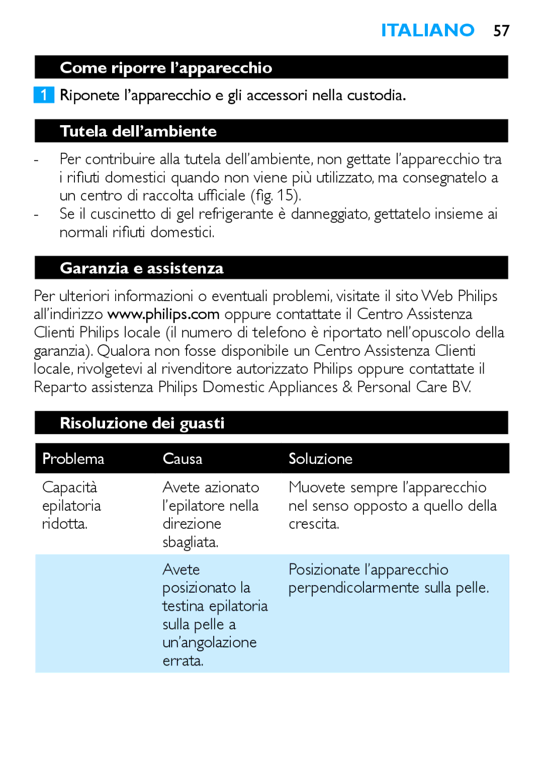 Philips HP6481 manual Come riporre l’apparecchio, Tutela dell’ambiente, Garanzia e assistenza Risoluzione dei guasti 