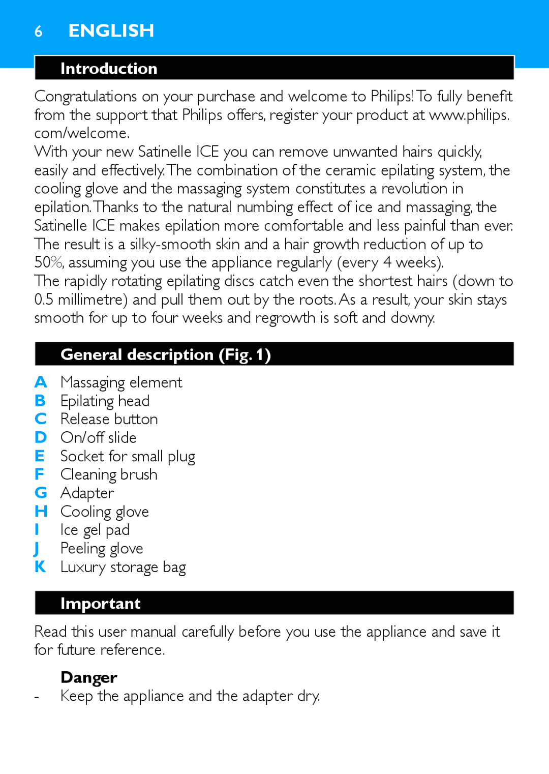 Philips HP6481 manual English, Introduction, General description Fig 